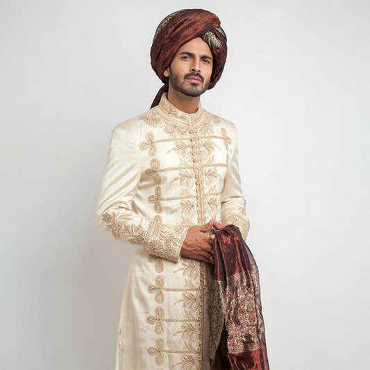 Elegant ivory raw silk sherwani with modern tailored fit for grooms