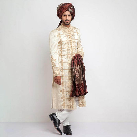 Elegant ivory raw silk sherwani with modern tailored fit for grooms