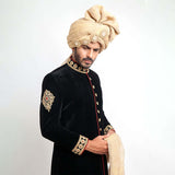 Jet Black Cocktail Velvet Form-Fitted Sherwani with elegant design and luxurious texture
