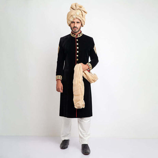 Jet Black Cocktail Velvet Form-Fitted Sherwani with elegant design and luxurious texture