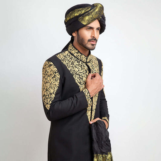 Jet Black Form-Fitted Sherwani with sleek tailoring and sophisticated design