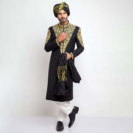 Jet Black Form-Fitted Sherwani with sleek tailoring and sophisticated design