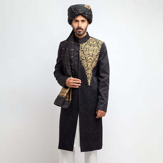 Jet Black Pure Jamavar Silk Form Fitted Sherwani by Arsalan Iqbal