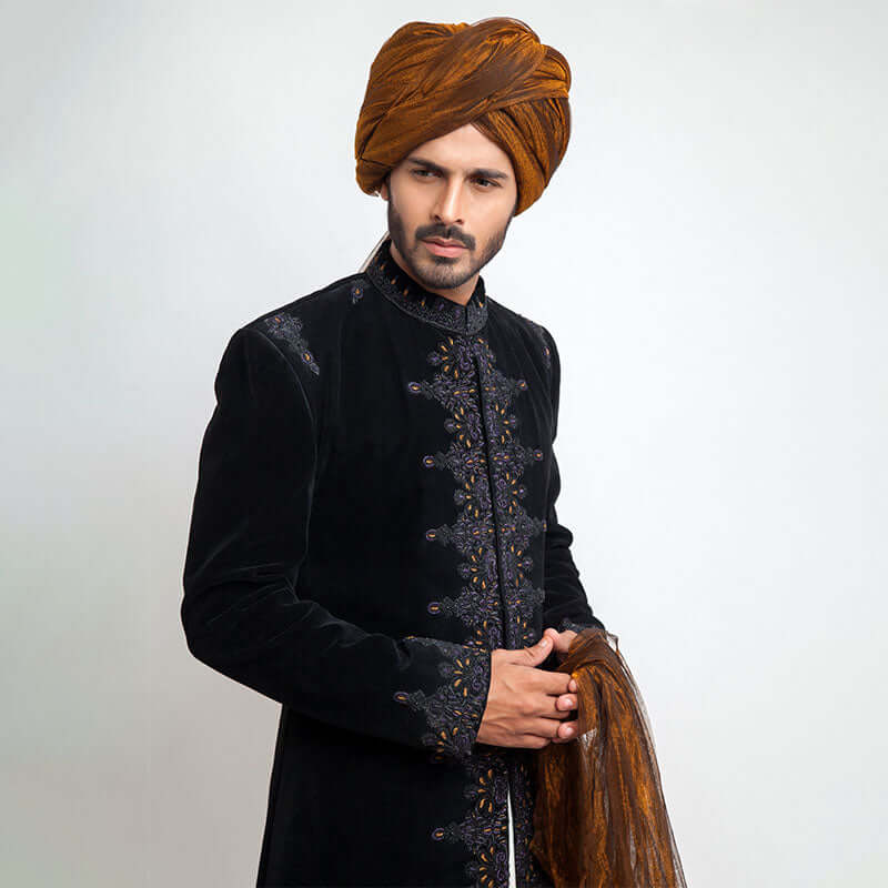 Jet Black Premium Velvet Form-Fitted Sherwani with sophisticated craftsmanship and sleek design
