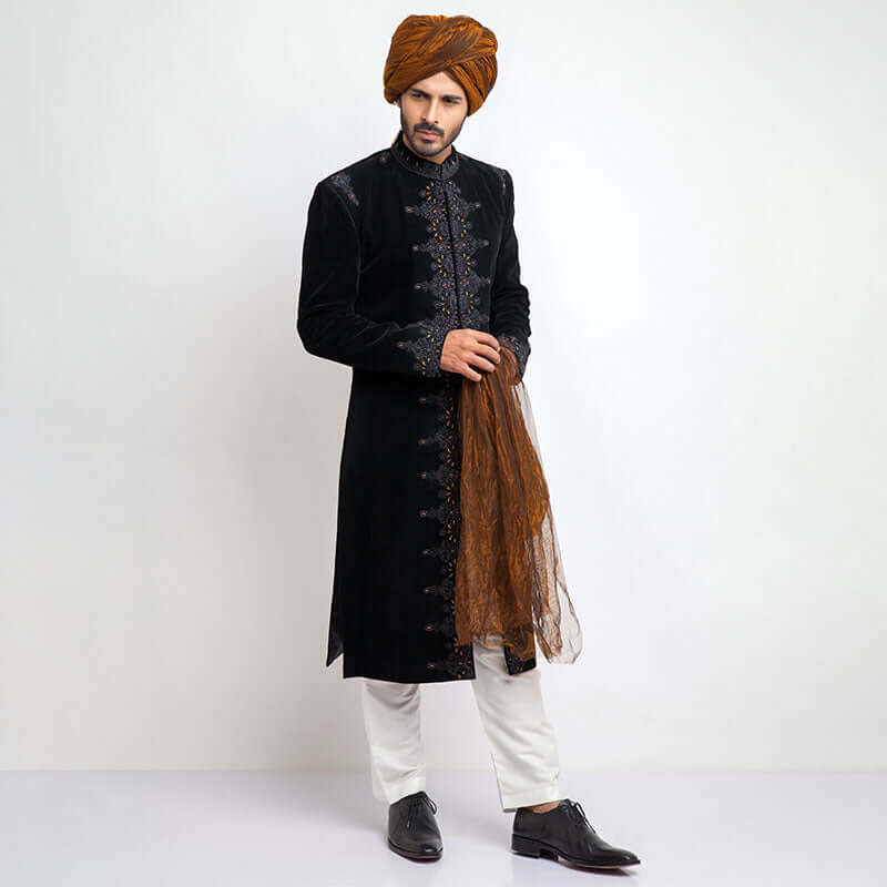 Jet Black Premium Velvet Form-Fitted Sherwani with sophisticated craftsmanship and sleek design