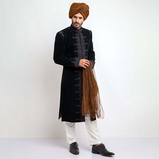 Jet Black Premium Velvet Form-Fitted Sherwani with sophisticated craftsmanship and sleek design