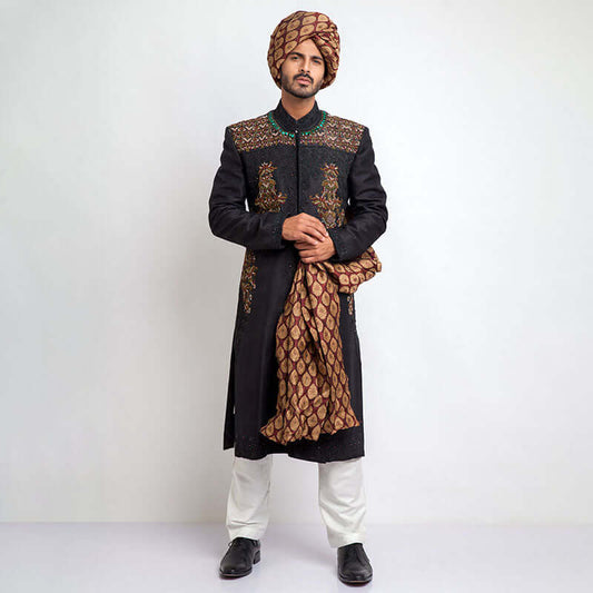 Jet Black Pure Jamavar Silk Form-Fitted Sherwani with intricate details and luxurious fabric