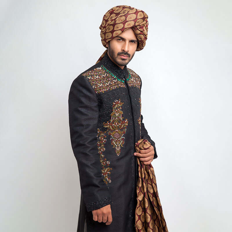 Jet Black Pure Jamavar Silk Form-Fitted Sherwani with intricate details and luxurious fabric