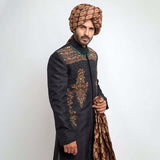 Jet Black Pure Jamavar Silk Form-Fitted Sherwani with intricate details and luxurious fabric