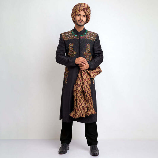 Jet Black Pure Jamavar Silk Form-Fitted Sherwani with intricate details and luxurious fabric