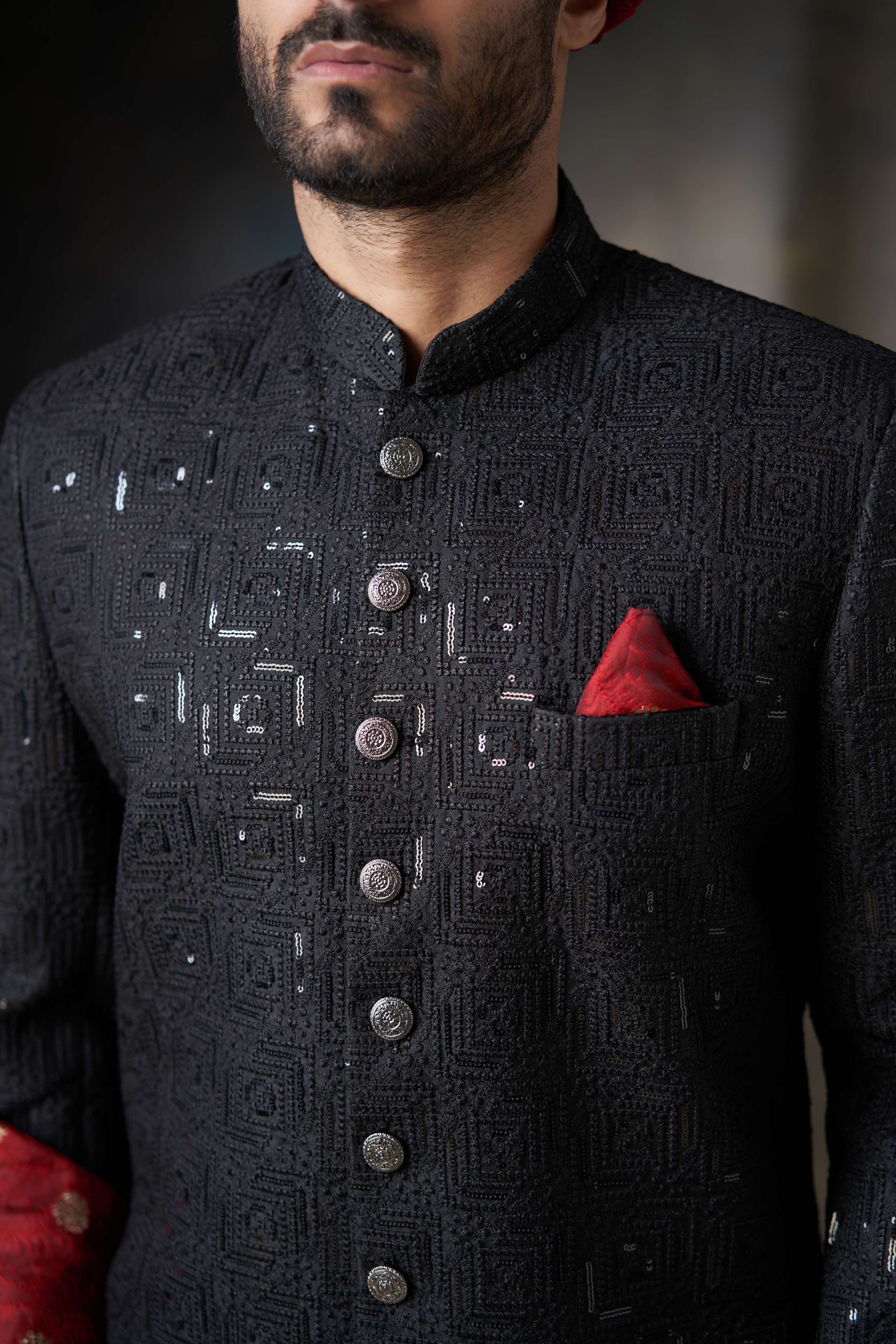 Jet Black Short Length Sherwani with Sequins Detailing, Elegant Wedding Wear.