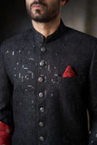 Jet Black Short Length Sherwani with Sequins Detailing, Elegant Wedding Wear.