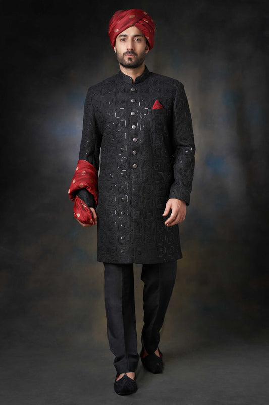 Jet Black Short Length Sherwani with Sequins Detailing, Elegant Wedding Wear.