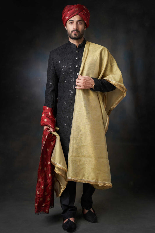 Jet Black Short Length Sherwani with Sequins Detailing, Elegant Wedding Wear.