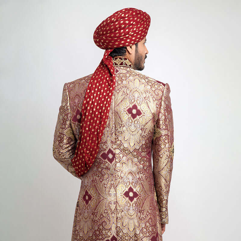Light Gold and Maroon Pure Brocade Jamavar Form Fitted Sherwani with rich embroidery