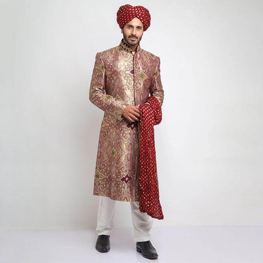 Light Gold and Maroon Pure Brocade Jamavar Form Fitted Sherwani with rich embroidery