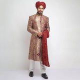Light Gold and Maroon Pure Brocade Jamavar Form Fitted Sherwani with rich embroidery