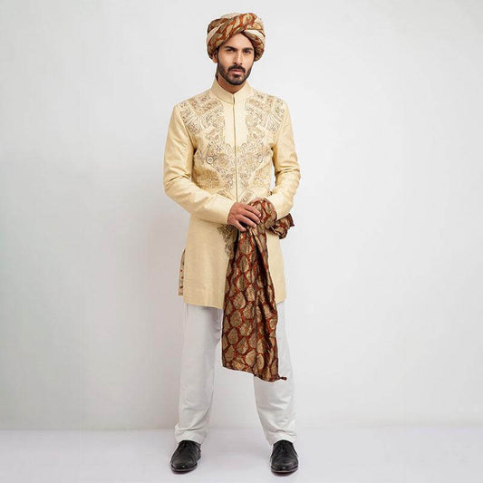 Light Gold Merino Wool-Silk Blend Groom Sherwani with exquisite craftsmanship