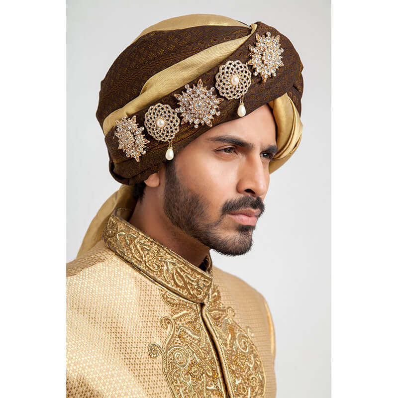 Medium Gold Pure Jamavar Silk Form-Fitted Sherwani with intricate design details