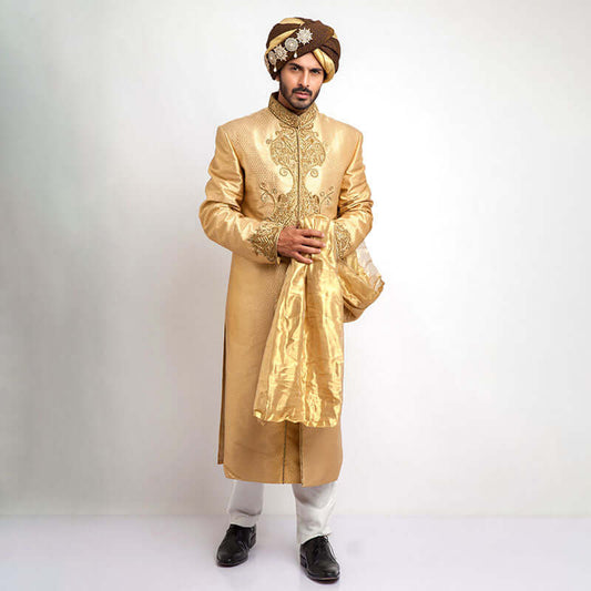 Medium Gold Pure Jamavar Silk Form-Fitted Sherwani with intricate design details