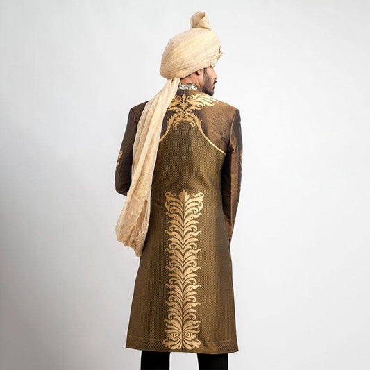 Antique Gold and Black Brocade Sherwani for men with luxurious embroidery