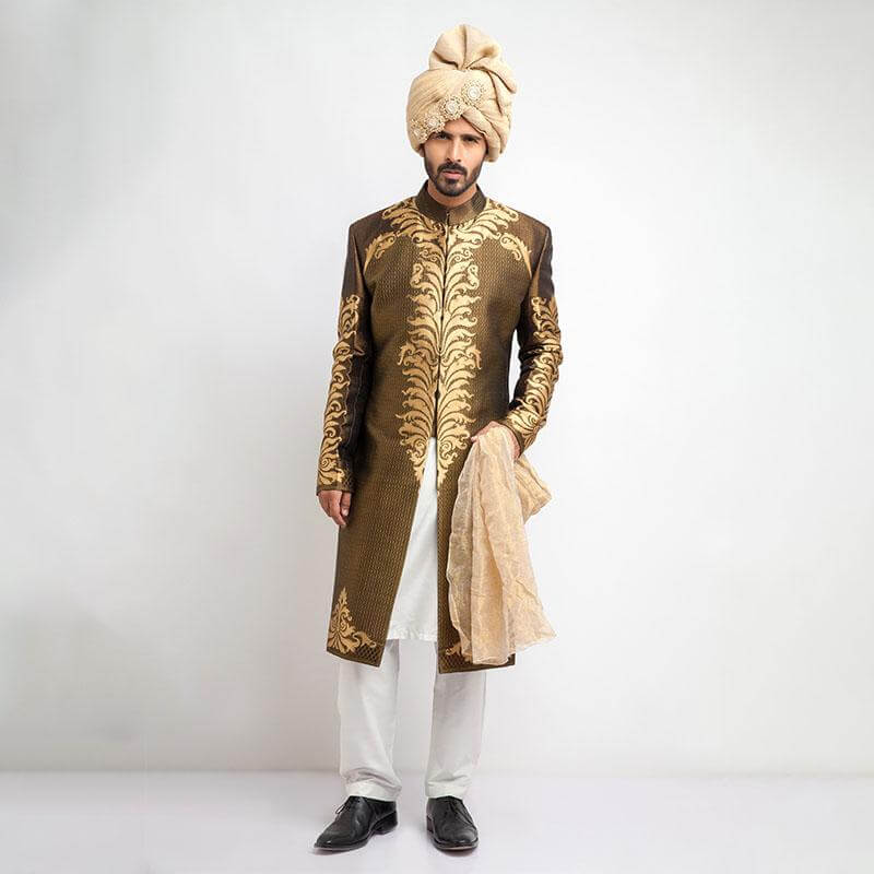 Antique Gold and Black Brocade Sherwani for men with luxurious embroidery