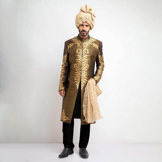 Antique Gold and Black Brocade Sherwani for men with luxurious embroidery