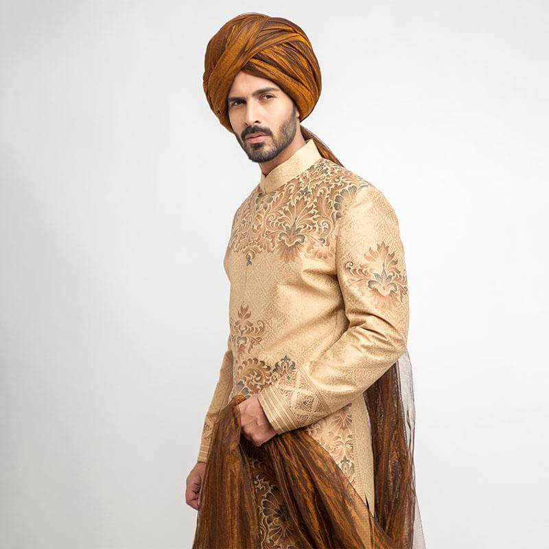 Peach Gold and Grey Brocade Sherwani for men with intricate embroidery