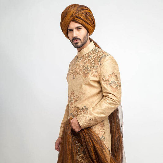 Peach Gold and Grey Brocade Sherwani for men with intricate embroidery