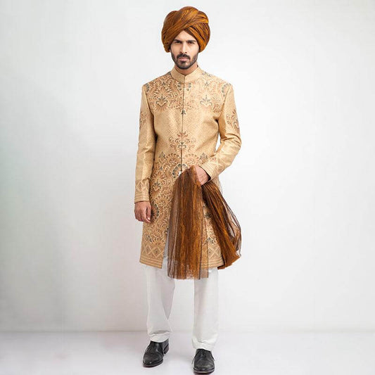 Elegant Peach Gold and Grey Brocade Sherwani with detailed embroidery