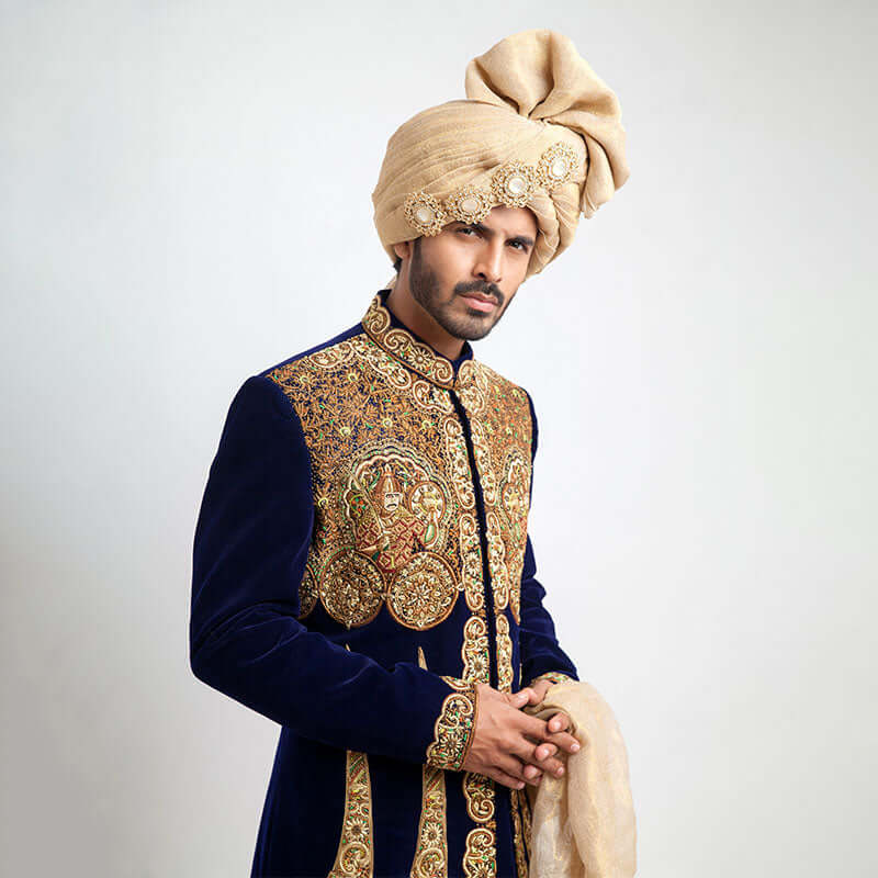 Midnight Blue Cocktail Velvet Form-Fitted Sherwani with intricate embroidery and luxe fabric