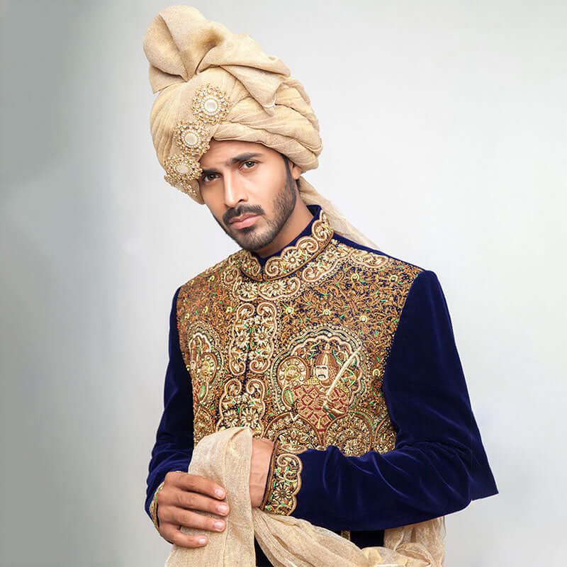 Midnight Blue Cocktail Velvet Form-Fitted Sherwani with intricate embroidery and luxe fabric