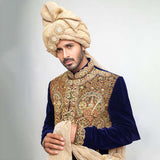 Midnight Blue Cocktail Velvet Form-Fitted Sherwani with intricate embroidery and luxe fabric