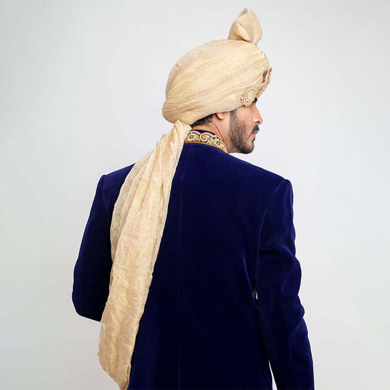 Midnight Blue Cocktail Velvet Form-Fitted Sherwani with intricate embroidery and luxe fabric