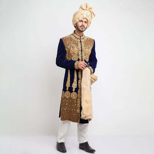 Midnight Blue Cocktail Velvet Form-Fitted Sherwani with intricate embroidery and luxe fabric