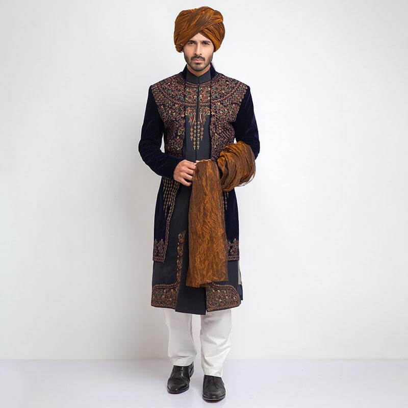 Midnight Blue Velvet Form Fitted Sherwani with luxurious fabric and sleek tailoring