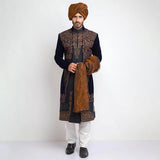 Midnight Blue Velvet Form Fitted Sherwani with luxurious fabric and sleek tailoring
