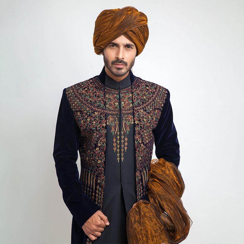 Midnight Blue Velvet Form Fitted Sherwani with luxurious fabric and sleek tailoring