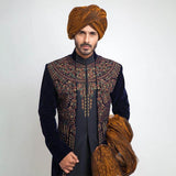 Midnight Blue Velvet Form Fitted Sherwani with luxurious fabric and sleek tailoring