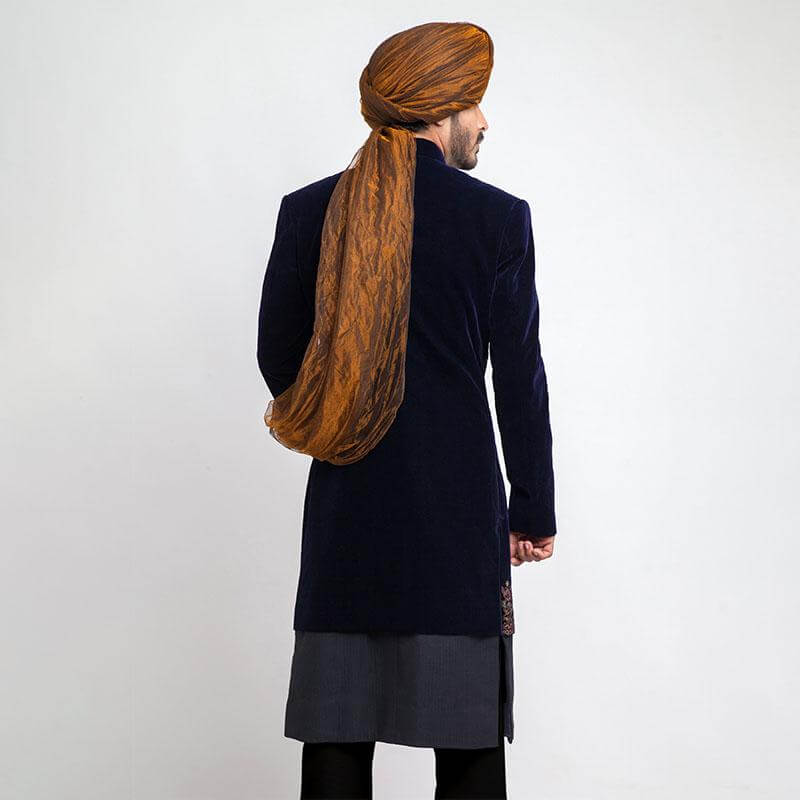Midnight Blue Velvet Form Fitted Sherwani with luxurious fabric and sleek tailoring