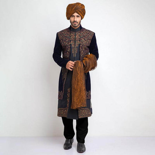 Midnight Blue Velvet Form Fitted Sherwani with luxurious fabric and sleek tailoring