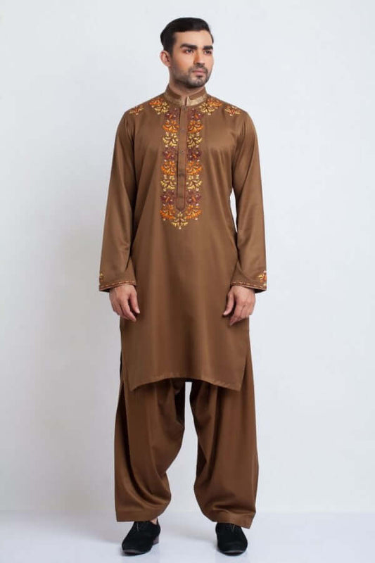 Mustard Embroidered Shalwar Kameez – Stylish Traditional Wear with Elegant Embroidery