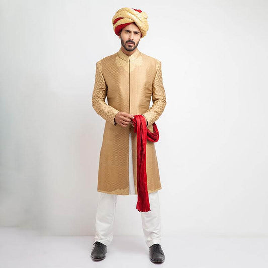 Peach Gold and Antique Gold Brocade Form-Fitted Sherwani with intricate detailing