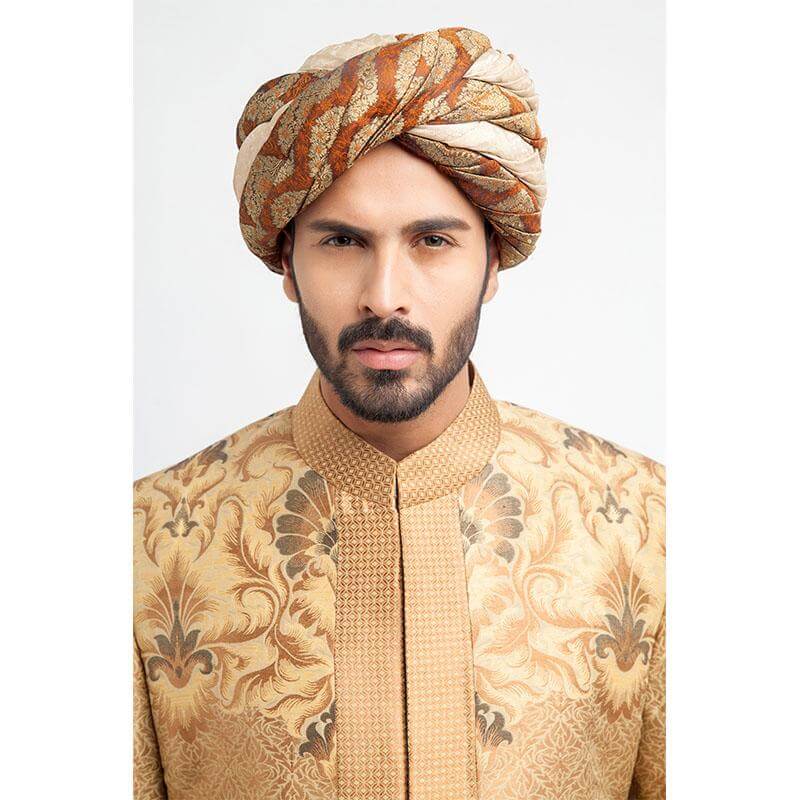 Peach Gold, Antique Gold, and Grey Brocade Form-Fitted Sherwani with Zardozi detailing