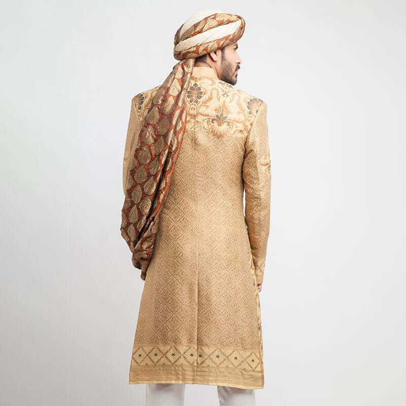 Peach Gold, Antique Gold, and Grey Brocade Form-Fitted Sherwani with Zardozi detailing