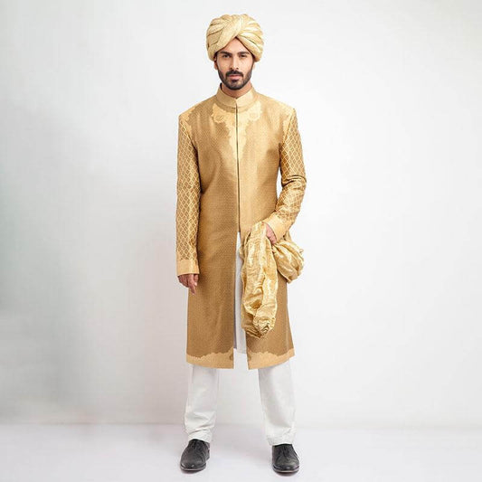 Peach Gold and Red Brocade Sherwani with detailed embroidery