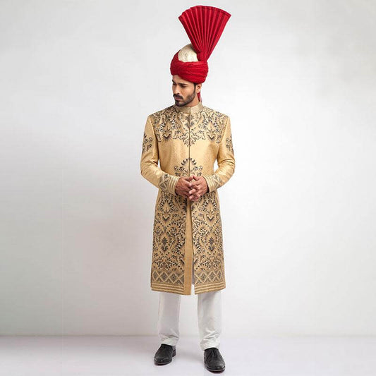 Peach Gold and Grey Brocade Sherwani with intricate embroidery