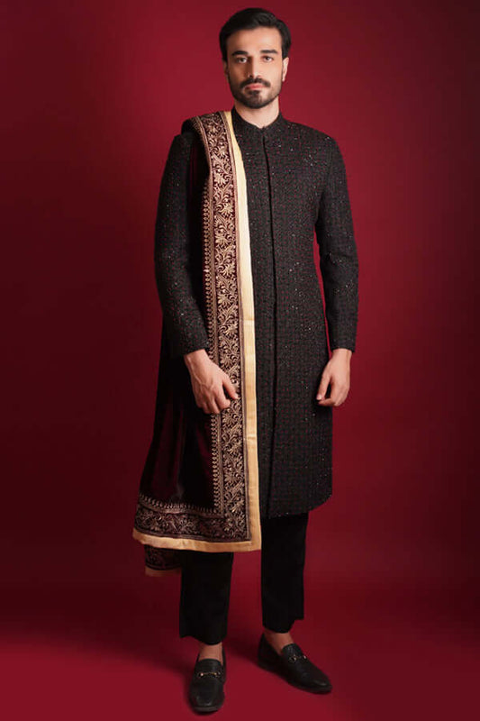 Jet Black Mughal Artwork Sherwani