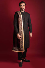 Jet Black Mughal Artwork Sherwani