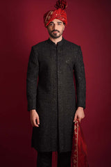 Jet Black Persian Zardozi Artwork Sherwani